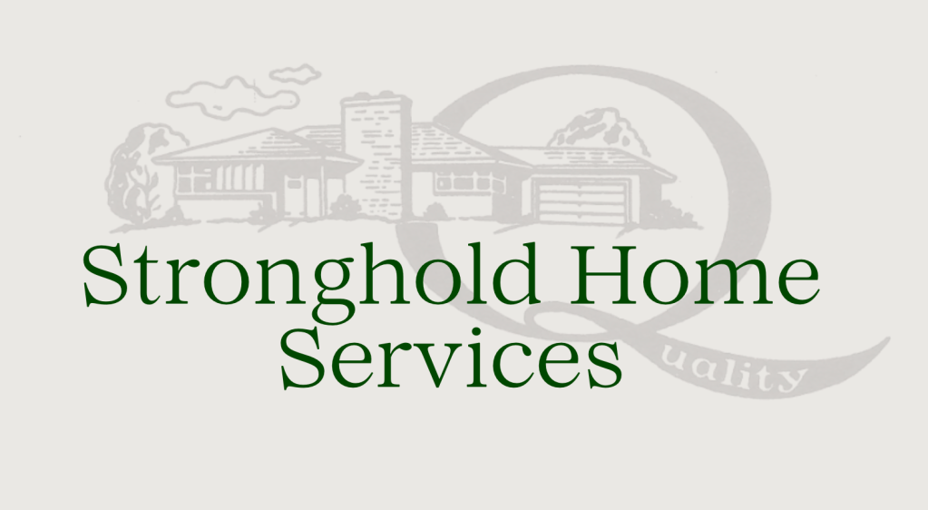 Logo for Stronghold Home Services featuring a house illustration and the text 'Stronghold Home Services' in green.